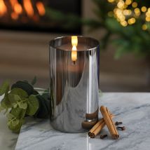 Festive Lights - 12.5cm Battery Power Real Wax Authentic Flame led Candle Grey Smoked Glass Indoor Home Bedroom Decoration Flameless Flickering