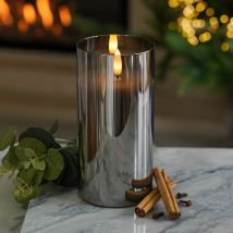 Festive Lights - 15cm Battery Power Real Wax Authentic Flame led Candle Grey Smoked Glass Indoor Home Bedroom Decoration Flameless Flickering