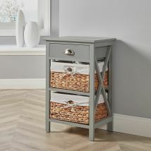 Home Source - Grey Bedside Wooden Storage 2 Drawer Chest Water Hyacinth Basket Fully Assembled