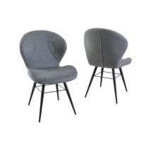 Grey Fabric Set Of 2 Dining Chair With Black Round Metal Legs - grey