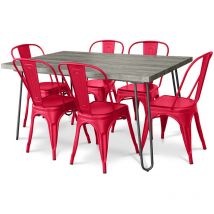 Pack Dining Table - Industrial Design 150cm + Pack of 6 Dining Chairs - Industrial Design - Hairpin Stylix Red mdf, Metal - Red