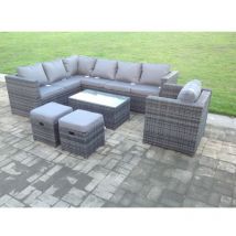 Fimous Dark Grey Mixed Rattan Garden Furniture Corner Sofa Set Oblong Coffee Table Chair Footstools