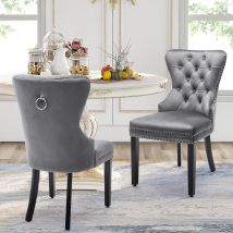 Jn.songs - Grey Velvet Dining Chairs Set of 2 with Oak Legs – Button, Chrome Knocker, and Nailhead Trim, Bedroom Chair, Kitchen Chair, Living Room