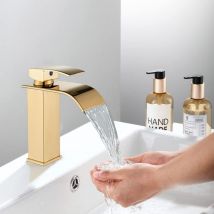 Suguword - Grifo de Baño Moderno en Cascada, Grifo de Lavabo Dorado con Cuerpo de Metal Duradero de Alta Calidad y Control Ajustable de Agua Caliente