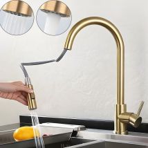Andyou - Grifo de cocina dorado con rociador extraíble, mezclador monomando moderno de acero inoxidable, dorado cepillado