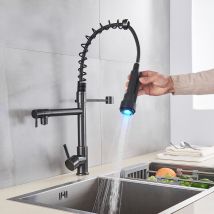 Grifo de cocina led cromado con muelle en espiral, giratorio en 360 °, grifos para fregadero con dos caños, grifo para cocina y ducha extensible,