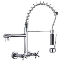 Cyslmuk - Grifo de cocina montado en la pared con caño extraíble, grifo de fregadero giratorio de 360° con 3 modos de pulverización chapado en plata