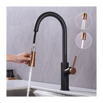Ubeegol - Grifo de Cocina Negro en Acero Inoxidable con Ducha Extraíble, Mezclador de Fregadero con Caño Giratorio y 2 Tipos de Chorro