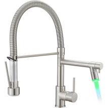 Suguword - Grifo de cocina led con muelle espiral, grifo de fregadero giratorio 360°, con dos caños, grifo de cocina y teleducha extraíble, alta