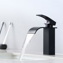 Auralum - Grifo de Lavabo Cascada Negro Monomando Grifo lavabo con caño 114mm en Acero Inoxidable, Mezclador de Agua Caliente y Fría, Grifo para