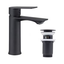 Ubeegol - Grifo de Lavabo Negro con Válvula Pop-up y Rebosadero Automático – Set de Grifería para Baño con Desagüe Incluido