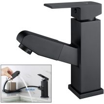 Auralum - Negro Grifo de Lavabo con Ducha Extraíble 50cm con Aireador Monomando Grifería de Baño para Agua Fria y Caliente