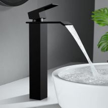 Homelody - Grifo de lavabo negro de cascada, grifo para baño con caño alto, grifo de lavabo de diseño moderno para lavabo de alta gama