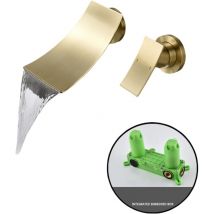 Andyou - Grifo monomando para lavabo de baño de pared con caño extra ancho en cascada, grifo oculto dorado de una sola manija.
