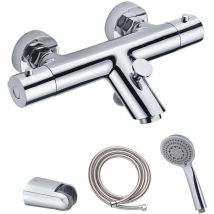 Llavisan - Kibath Grifo Salida Bañera con equipo de ducha termostático bon manetas de zinc acabado cromo brillo fabricado en latón
