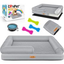Lit orthopédique pour chien, Ecuelle + 3X os à mâcher inclus, Canapé pour chiens de petite, moyenne et grande taille, Housse amovible, Gris / m (91 x
