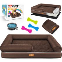 Lit orthopédique pour chien, Ecuelle + 3X os à mâcher inclus, Canapé pour chiens de petite, moyenne et grande taille, Housse amovible, Marron / m (91