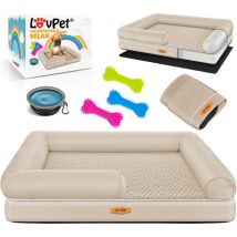 Lit orthopédique pour chien, Ecuelle + 3X os à mâcher inclus, Canapé pour chiens de petite, moyenne et grande taille, Housse amovible, Beige / m (91