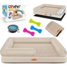 Lovpet - Lit orthopédique pour chien, Ecuelle + 3X os à mâcher inclus, Canapé pour chiens de petite, moyenne et grande taille, Housse amovible, Beige