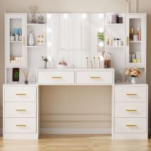 Großer Schminktisch 150 × 40 × 135 Cm, Mit Usb-anschlüssen Und Steckdosen, Verstellbarer Led-beleuchtung, Hd-spiegel, 8 Schubladen, Weiß