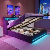 Foerpl-großes Bett 140 X 190 Cm Mit Stauraum, Led-beleuchtung Und Usb-anschluss, Gepolstertes Bettgestell 140 X 190 Cm Mit Hydraulischem Stauraum Und 
