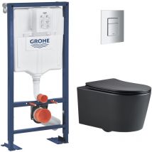 Pack wc Bâti Solido + wc sans bride sat Noir mat + Plaque chrome - Grohe
