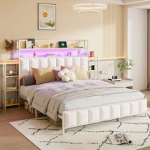 Groofoo - aiducho Lit capitonné, 160 x 200 cm, avec plusieurs étagères, éclairage led, tête de lit comme espace de rangement, cadre de lit en fer