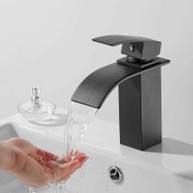 Groofoo - S-giant Robinet de Lavabo Cascade, Robinet Salle de Bain avec Eau Froide & Chaude Disponible, Mitigeur Lavabo Laiton(Noir)