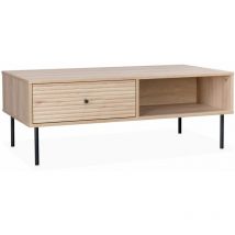 Sweeek - Grooved wood-effect coffee table with one drawer and storage nook, 110x59x41cm - Braga - Natural - Natural