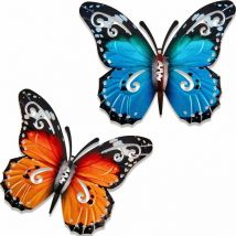 Sunflower - 2 Pieces Large Metal Butterfly Garden Decorations Outdoor Metal Butterfly Wall Art Outdoor for Exterior Walls Fences, 27 x 22 cm (Blue