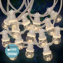 Guirlande Guinguette 100 m Cable Blanc IP65 - Guirlande Electrique Exterieur 100 Bulbes Transparents - Guirlande Guinguette Exterieur Boheme Déco