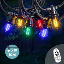 Guirlande Guinguette 10M 10 Bulbes Filament Rouge Bleu Jaune Vert avec Variateur de Luminosité et Télécommande - Guirlande Lumineuse Ampoule E27 à