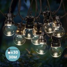 Guirlande Guinguette 30M Transparente - Guirlande Lumineuse Exterieure led Blanc chaud 30 bulbes - Guirlande Guinguette Exterieure de 30M + 3M de