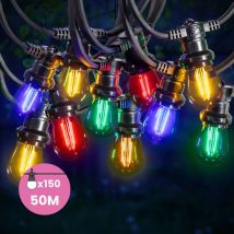 Guirlande Guinguette 50M 150 Bulbes Filament Rouge Bleu Jaune Vert - Guirlande Lumineuse Ampoule E27 Multicolore
