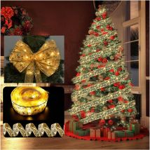 Guirlande lumineuse led ruban décoratif en satin décoration d'arbre de Noël, 5 mètres 50 lumières, trois boîtiers de piles avec flash, ruban doré