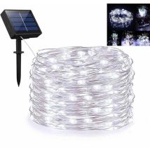 Guirlande lumineuse solaire d'extérieur avec 100 led, fil de cuivre argenté de 33 pieds, 8 modes étanches (blanc froid)