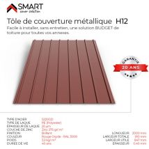 Tôle bac acier - Toiture - Couverture - plaque H12 Coloris Rouge Oxyde ral 3009 Dimensions 2000x910x0.40 mm