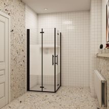 Falttür Eckeinstieg 90x80x195cm Teilsatiniert 6mm nano esg Schwarz eckdusche Duschabtrennung Duschwände