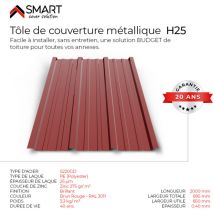 Tôle bac acier - Toiture - Couverture - plaque H25 Coloris Brun Rouge RAL 3011 Dimensions 2000x895x0.40 mm