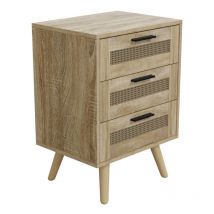 24 Nachttisch Beistelltisch Nachtkommode Rattan Eiche Sonoma 40x30x50 cm 3 Schubladen Massivholzfüße Aluminiumgriff Schlafzimmer Möbel - Hago