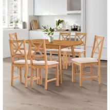 Hallowood Furniture Aston Extending Dining Table and Chairs Set 6, Butterfly Table and Chairs in Beige Fabric Seat, Wooden Kitchen Table and Chairs,