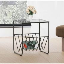 Bourton Black Metal Side Table with Tinted Glass Top, Sofa Side Table with Magazine Rack, Coffee Table with Power Coated Metal Frame for Living Room