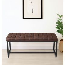 Hallowood Furniture - Cullompton Dining Bench with Upholstered Rich Brown Leather Effect Fabric Top and Black Metal Legs, Industrial Style Bench Seat