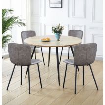Hallowood Furniture - Cullompton Dining Table with Chairs Set of 4, Large Round Dining Table (1.2m) with Light Oak Effect Top & Grey Leather Effect