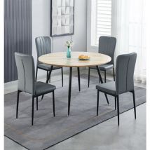 Hallowood Furniture Cullompton Round Dining Table and Chairs Set 4, Large Dining Table with Oak Effect Top and Grey Faux Leather Chairs, Round Dining