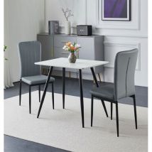 Hallowood Furniture - Cullompton Small Dining Table and Chairs Set 2, White Marble Effect Top Kitchen Table 80cm and Grey High Back Faux Leather