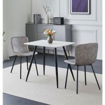 Hallowood Furniture Cullompton Small Dining Table and Chairs Set 2, White Marble Effect Kitchen Table with Metal Legs (0.8m) and Grey Leather Effect