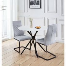 Hallowood Furniture - Cullompton Small Table and Chairs Set 2, Round Kitchen Table (90cm) with White Marble Effect Top and Light Grey High Back