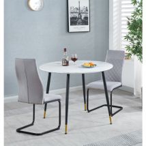 Hallowood Furniture - Finley Small Round Dining Table and Chairs Set of 2, White Marble Effect Kitchen Table and High Back Light Grey Chairs, Dining