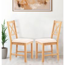 Solid Oak Small Dining Chairs Set of 2 with Linen Fabric Seat Pad, Wooden Dining Chairs, Modern Cross Back Kitchen Chairs for Dining Room (Natural